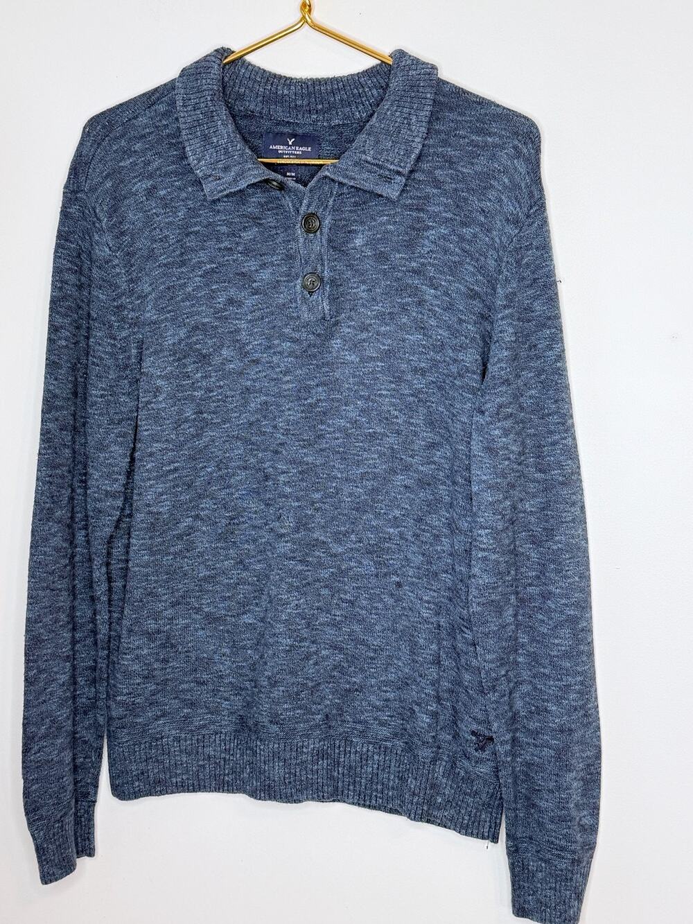 American Eagle Outfitters Heather Blue Long Sleeve Knit Polo Sweater M